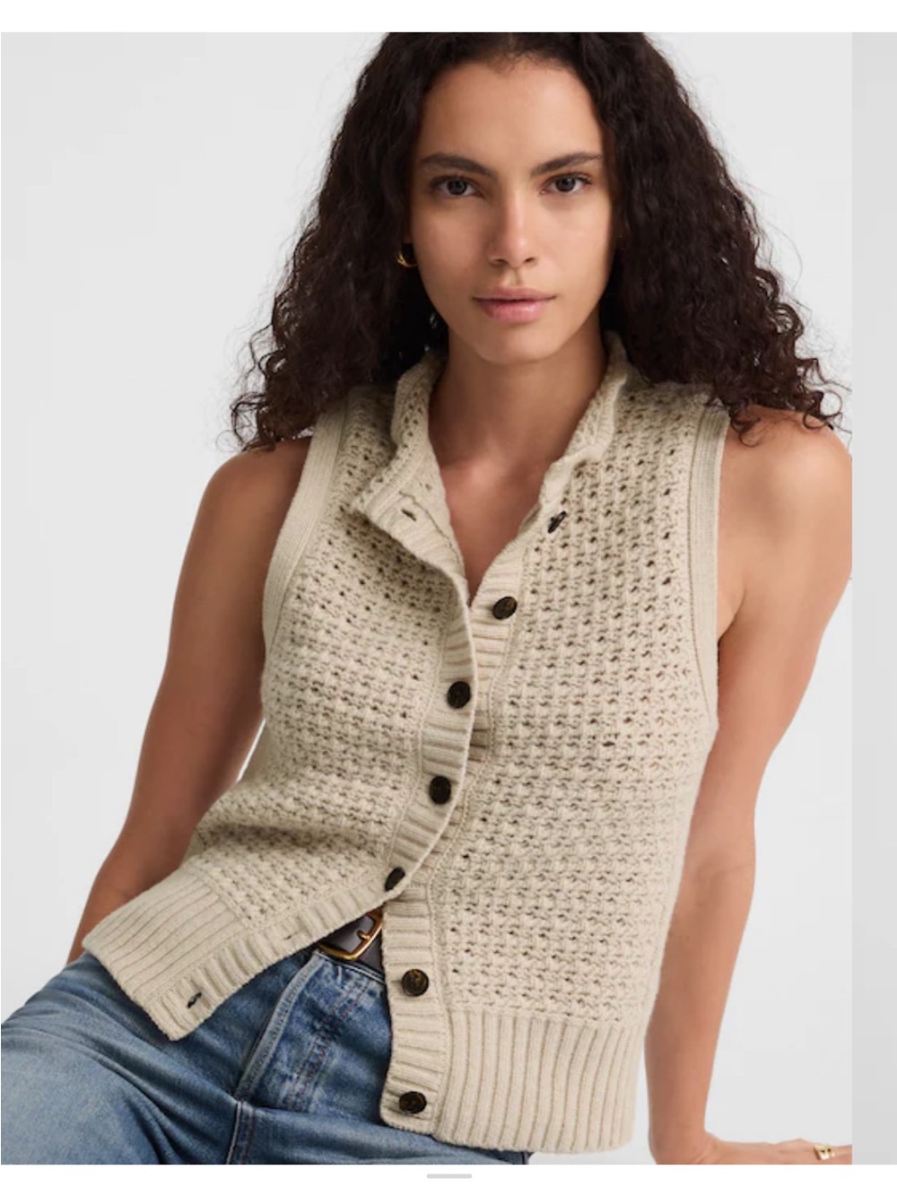 Madewell Cream Sleeveless Ruffled Button Knit Cardigan